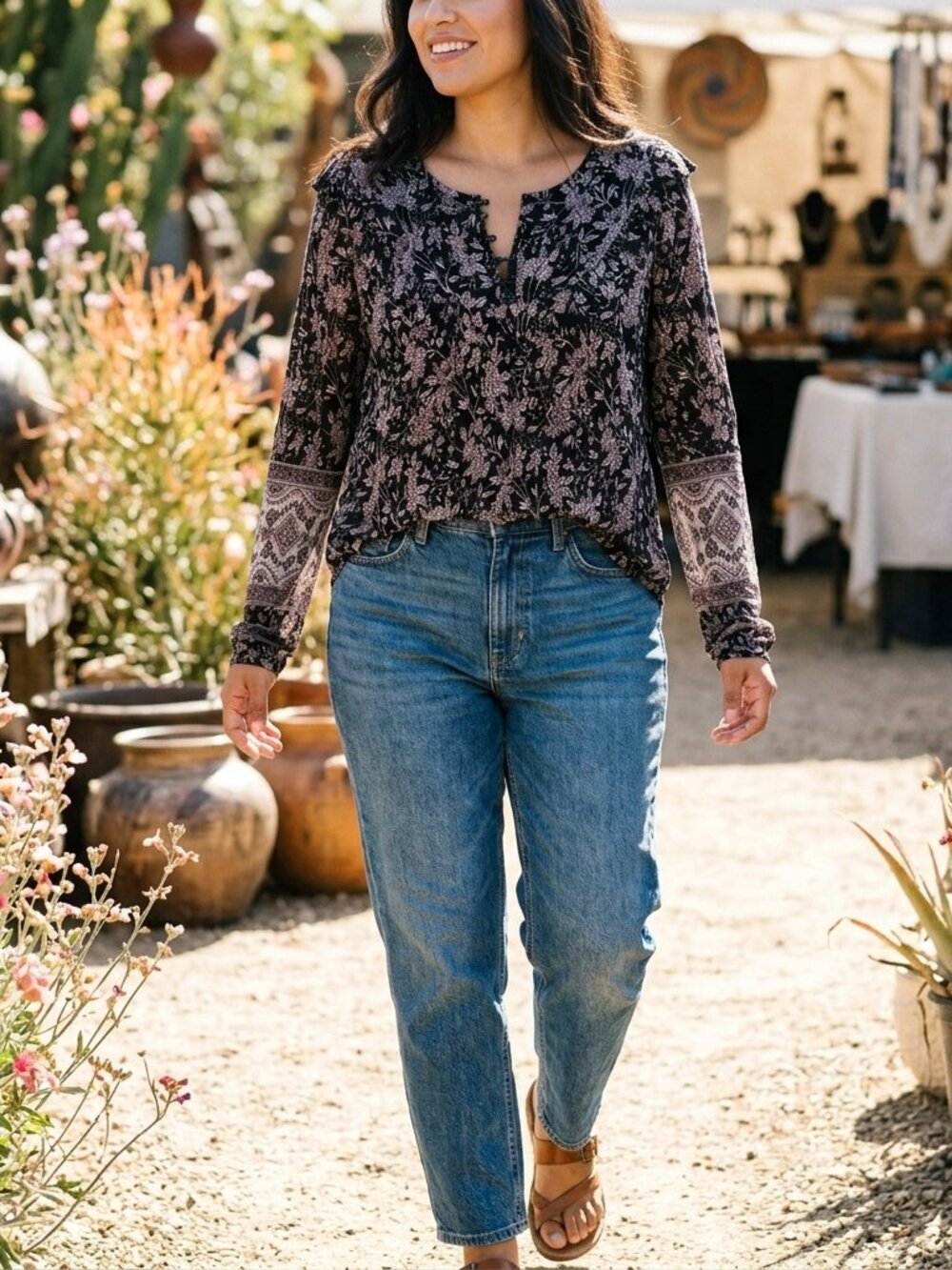 Lucky Brand Floral Paisley Keyhole Ruffle Tunic Blouse Top L